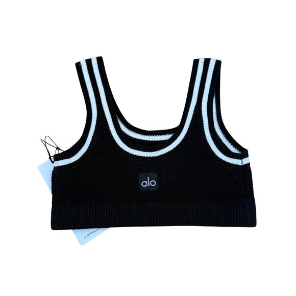 NWT $78 Alo Yoga Tennis Club Sweater Knit Bra Black White - Picture 6 of 6